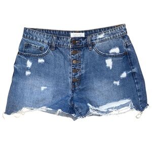 Nature Denim Distressed Destroyed High Waist Button Front Jean Shorts 32” Waist
